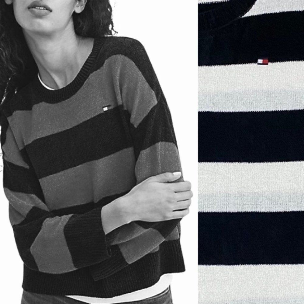 TOMMY HILFIGER RUGBY STRIPE CHENILLE SWEATER WINTER LAYER COMFY SOFT LOUNGE